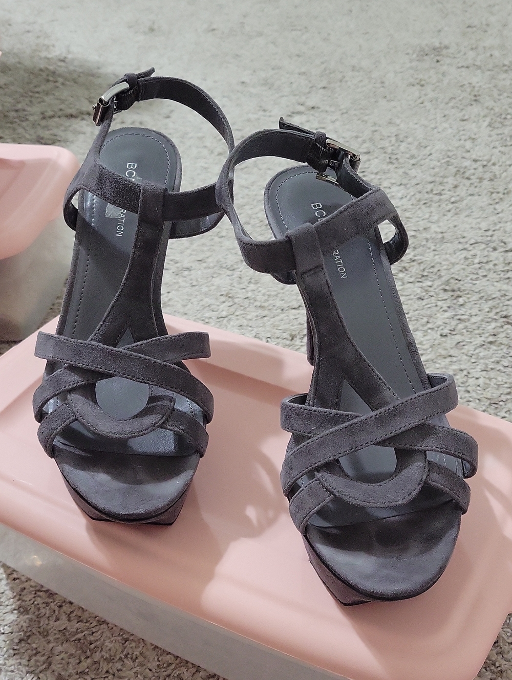 BCBGeneration Charcoal Suede Crisscross Ankle Strap Heels